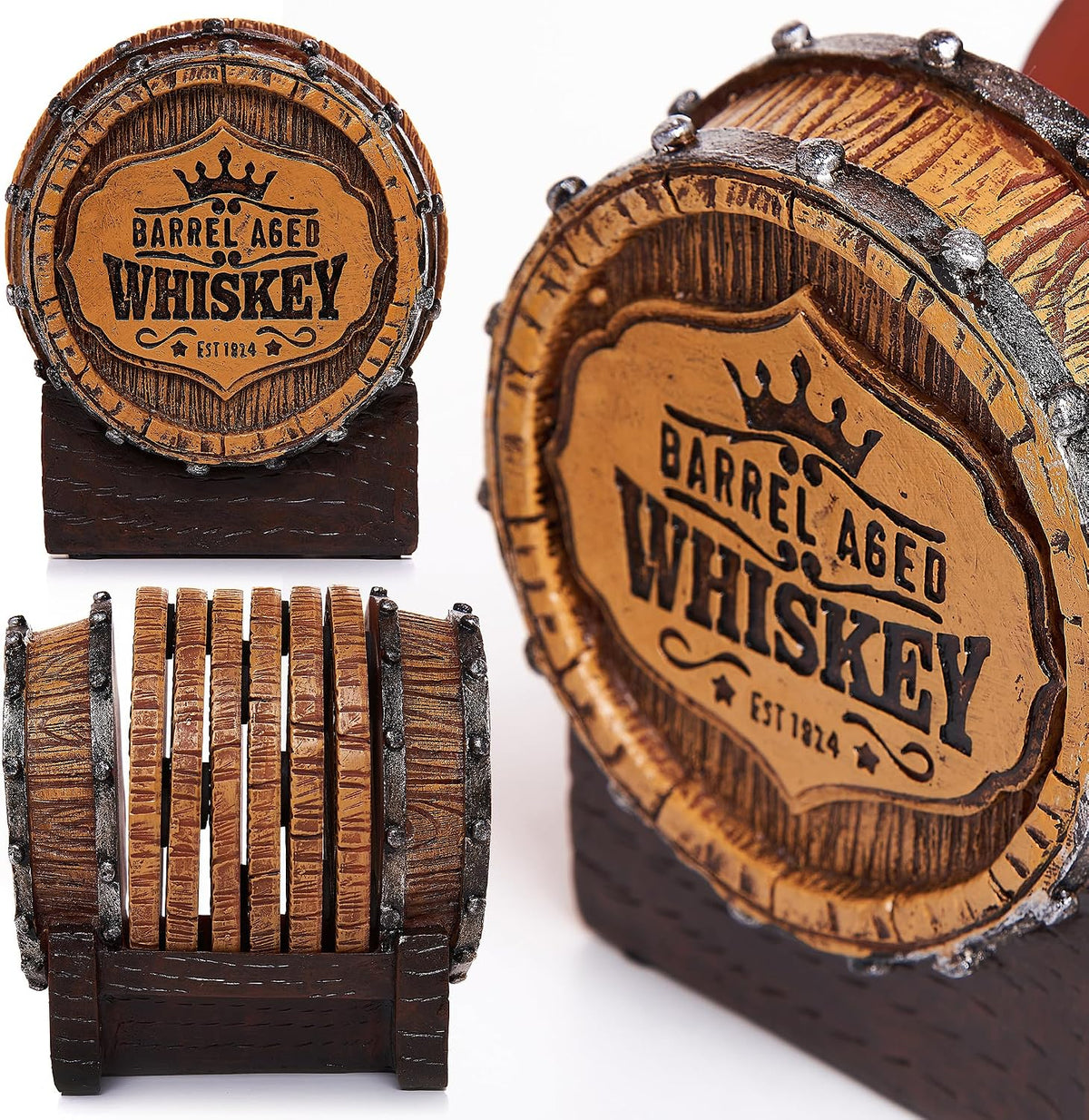 Whiskey Barrel Coasters Set of 6 - Bar Coasters & Whiskey Gifts for Men