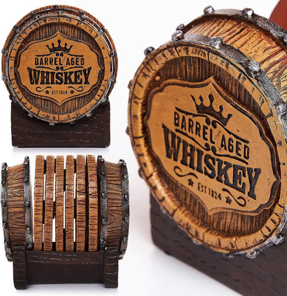 Whiskey Barrel Coasters Set of 6 - Bar Coasters & Whiskey Gifts for Men